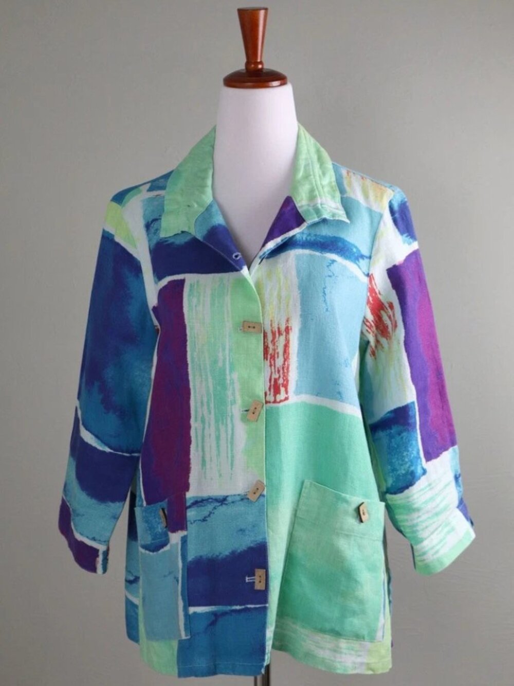 ALI MILES 100% linen multi color abstract shirt jacket (S)
